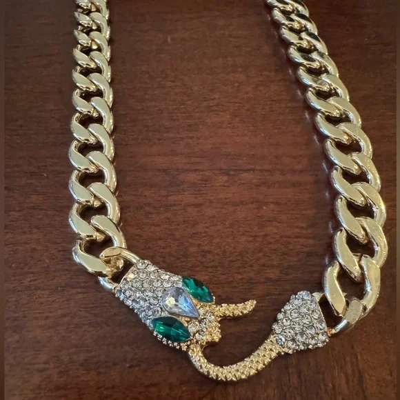Simulated Diamond Inlaid Snake Head & Tail, Emerald Color eyes Goldtone Necklace - Picture 9 of 9